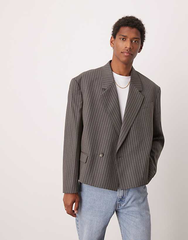 ASOS DESIGN Double Breasted Extreme Oversized Cropped Blazer In Grey Pinstripe