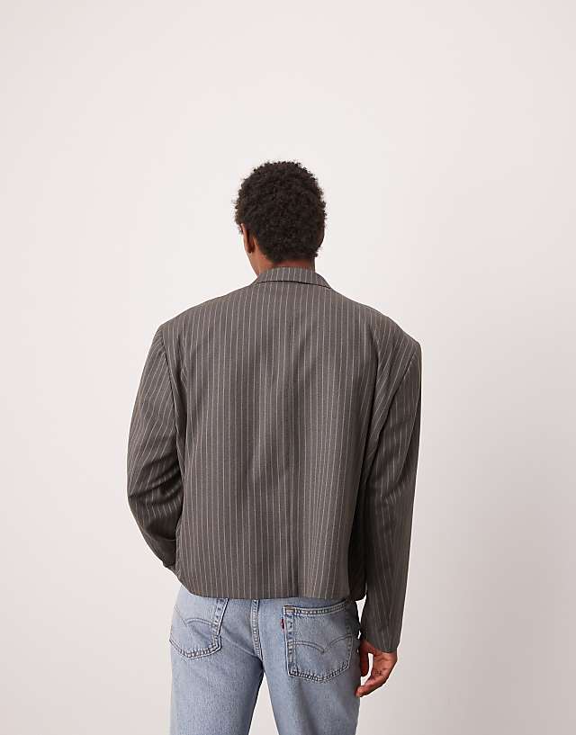 ASOS DESIGN Double Breasted Extreme Oversized Cropped Blazer In Grey Pinstripe