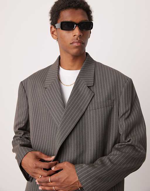 ASOS DESIGN Double Breasted Extreme Oversized Cropped Blazer In Grey Pinstripe