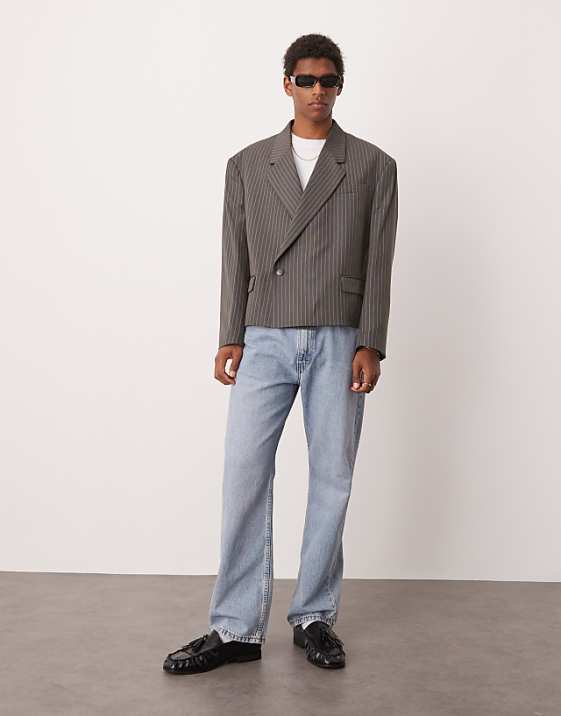 ASOS DESIGN double breasted extreme oversized cropped blazer in grey pinstripe