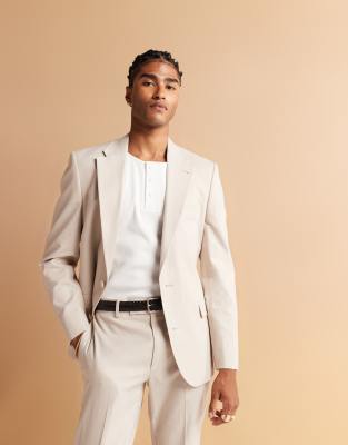 ASOS DESIGN Double Breasted Regular Suit With Linen In Stone