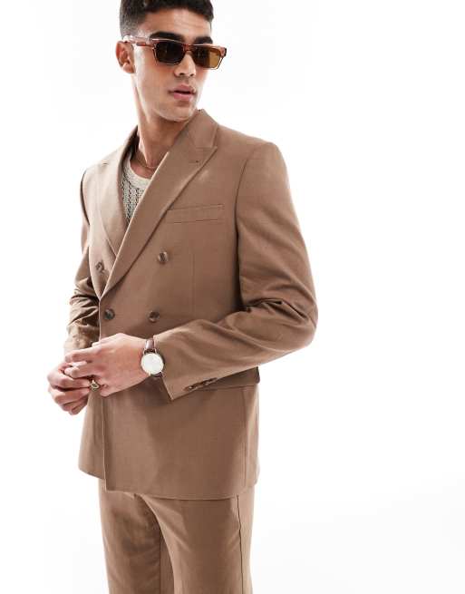 ASOS DESIGN Double Breasted Regular Suit With Linen In Brown