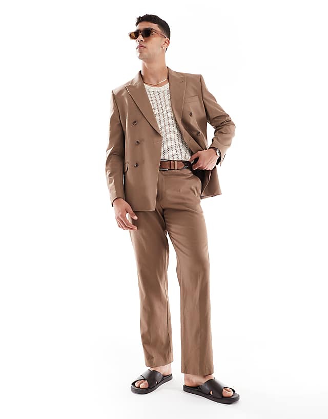 ASOS DESIGN double breasted regular suit with linen in brown