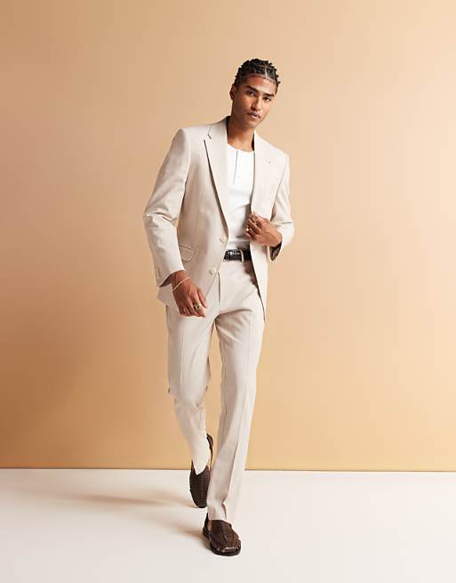 ASOS DESIGN double breasted regular suit with linen in stone