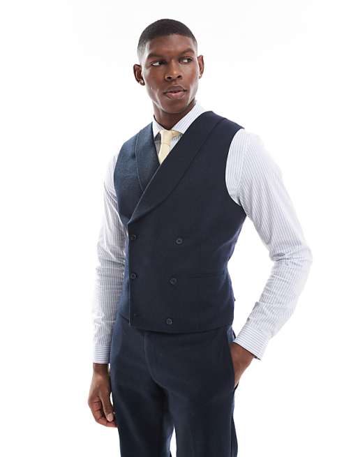 ASOS DESIGN Double Breasted Skinny Suit With Wool In Blue Barleyweave