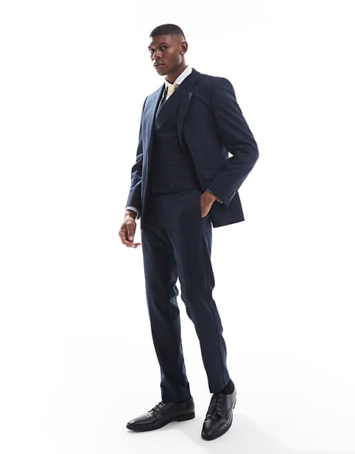 ASOS DESIGN double breasted skinny suit with wool in blue barleyweave