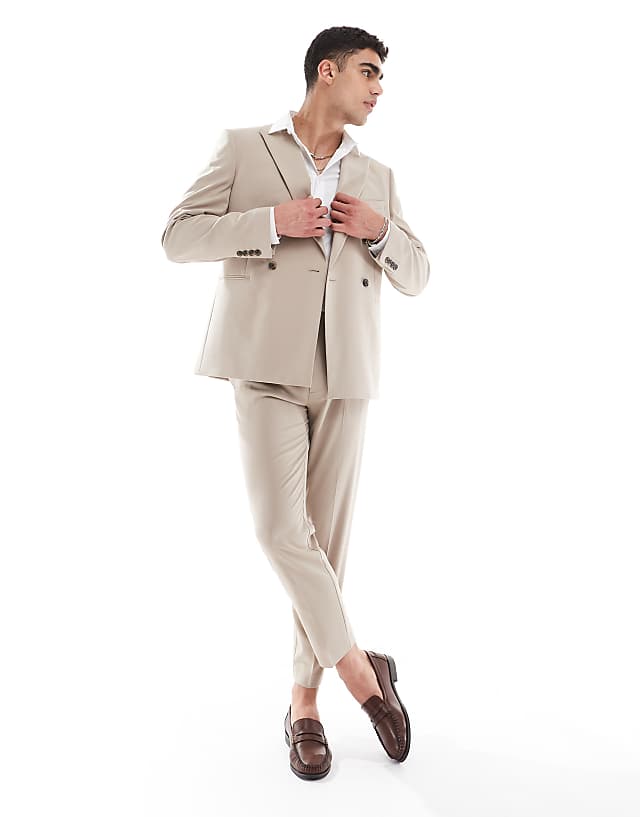 ASOS DESIGN Double Breasted Slim Suit In Beige