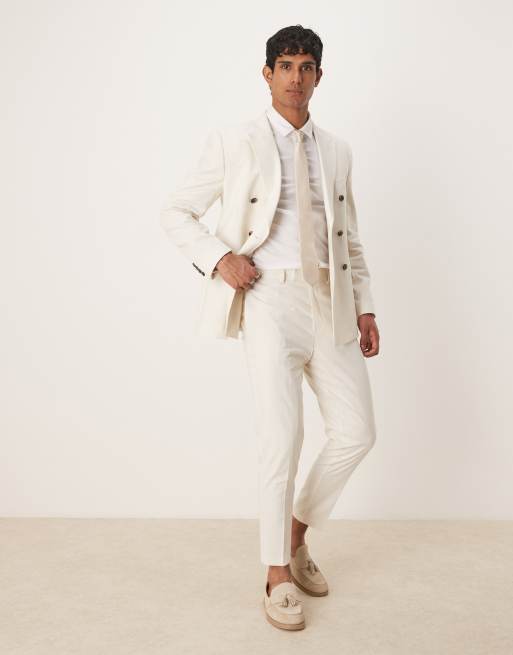 ASOS DESIGN Double Breasted Slim Suit With Linen In Ecru