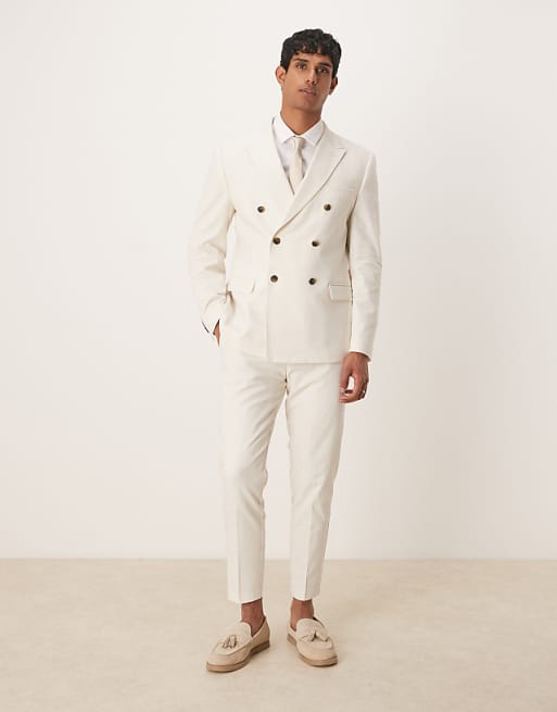 ASOS DESIGN double breasted slim suit with linen in ecru