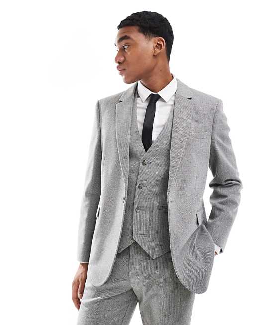 ASOS DESIGN Double Breasted Slim Suit With Wool In Grey Barleyweave