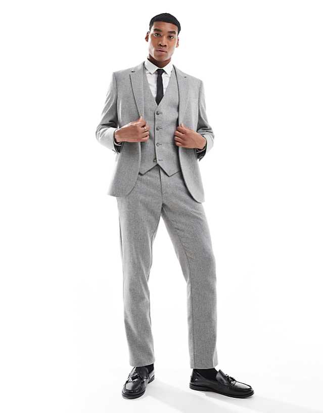 ASOS DESIGN Double Breasted Slim Suit With Wool In Grey Barleyweave