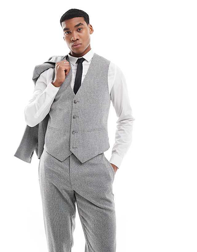 ASOS DESIGN Double Breasted Slim Suit With Wool In Grey Barleyweave