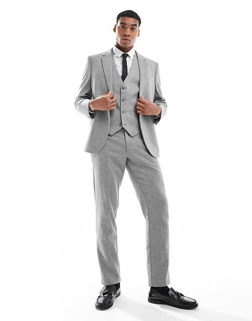 ASOS DESIGN Double Breasted Slim Suit With Wool In Grey Barleyweave