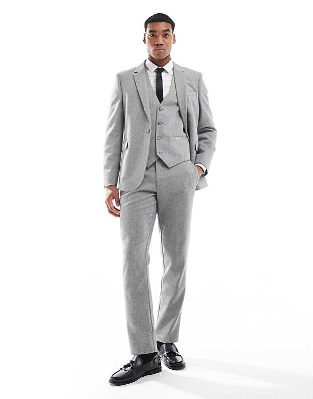 ASOS DESIGN double breasted slim suit with wool in grey barleyweave
