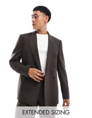 ASOS DESIGN Double Breasted Wool Blend Suit In Brown Herringbone