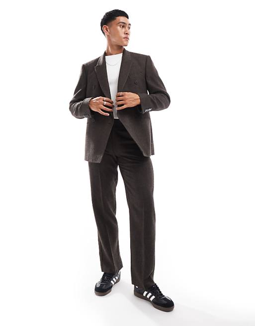 ASOS DESIGN Double Breasted Wool Blend Suit In Brown Herringbone