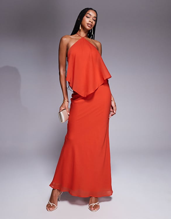 ASOS DESIGN Double Layer Halter Bias Maxi Dress In Rust