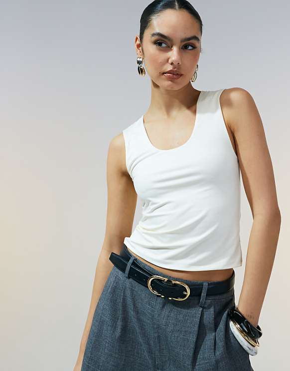 ASOS DESIGN double layer scoop neck vest in cream