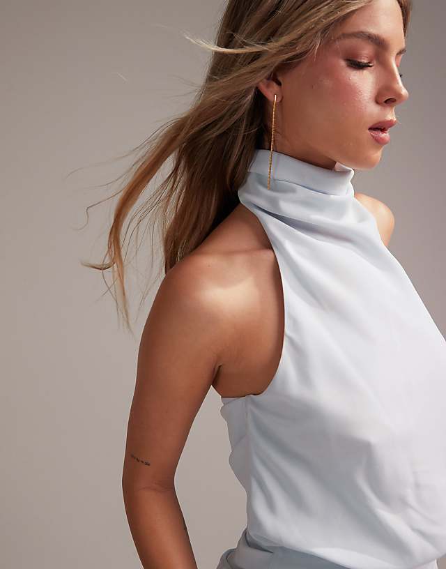 ASOS DESIGN Draped Halter Column Crepe Maxi Dress In Light Blue