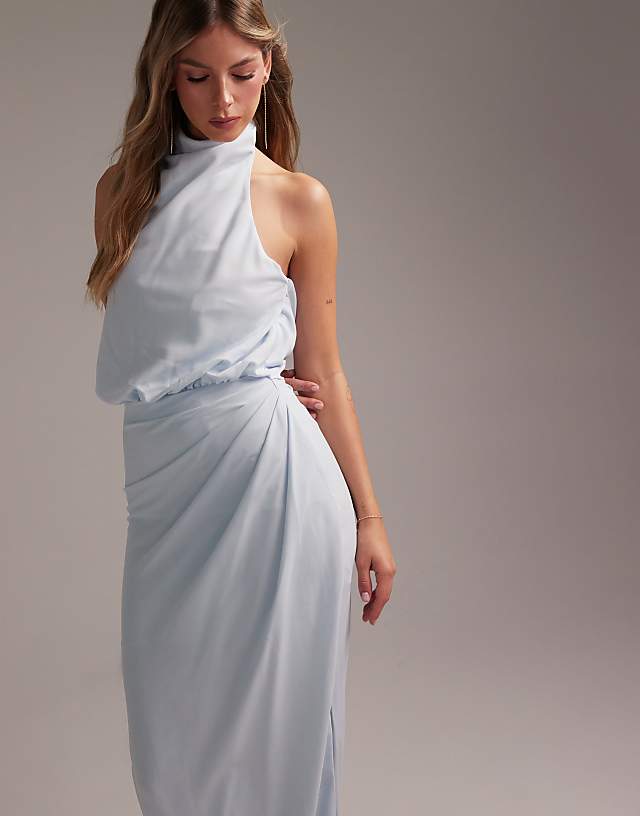 ASOS DESIGN Draped Halter Column Crepe Maxi Dress In Light Blue