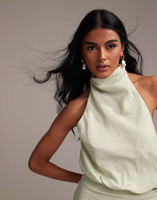 ASOS DESIGN Draped Halter Column Crepe Maxi Dress In Light Green