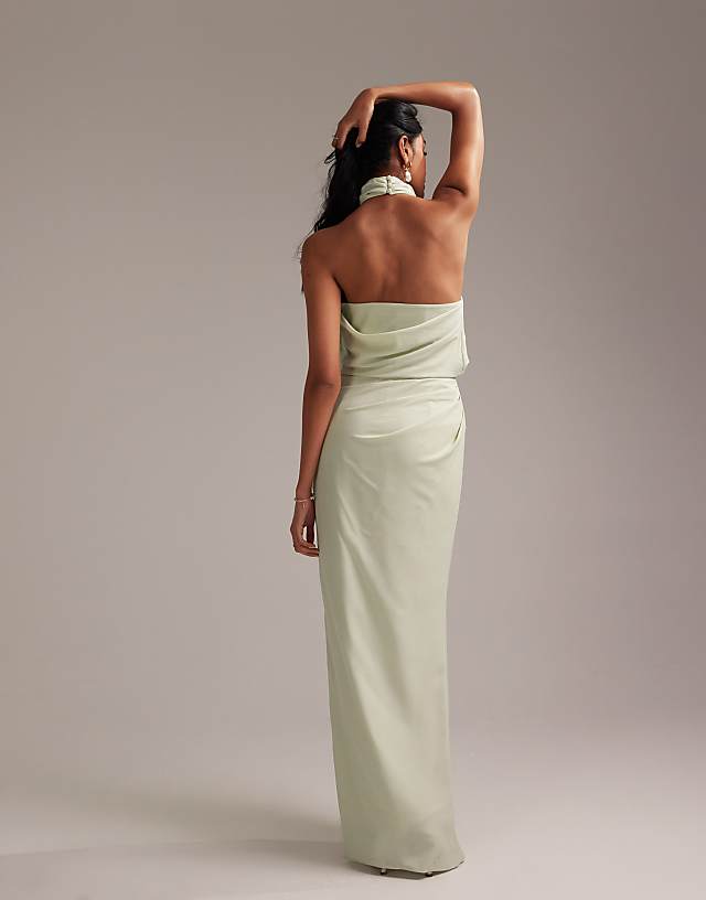 ASOS DESIGN Draped Halter Column Crepe Maxi Dress In Light Green
