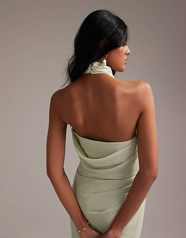 ASOS DESIGN Draped Halter Column Crepe Maxi Dress In Light Green