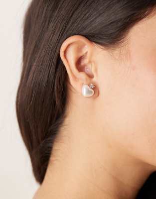 ASOS DESIGN Drop Earrings With Faux Pearl And Puff Heart Detail In Gold Tone
