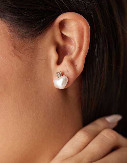 ASOS DESIGN Drop Earrings With Faux Pearl And Puff Heart Detail In Gold Tone