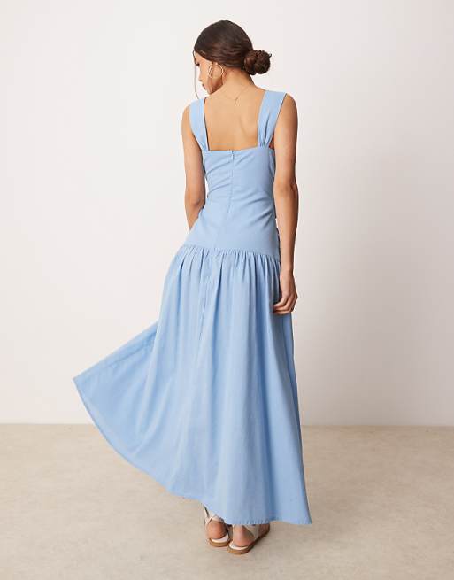 ASOS DESIGN Dropped Waist Linen Look Midaxi Dress With Wrap Bodice In Sky Blue