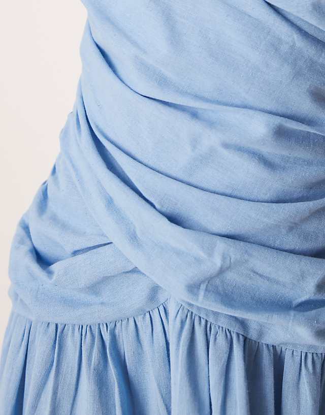 ASOS DESIGN Dropped Waist Linen Look Midaxi Dress With Wrap Bodice In Sky Blue