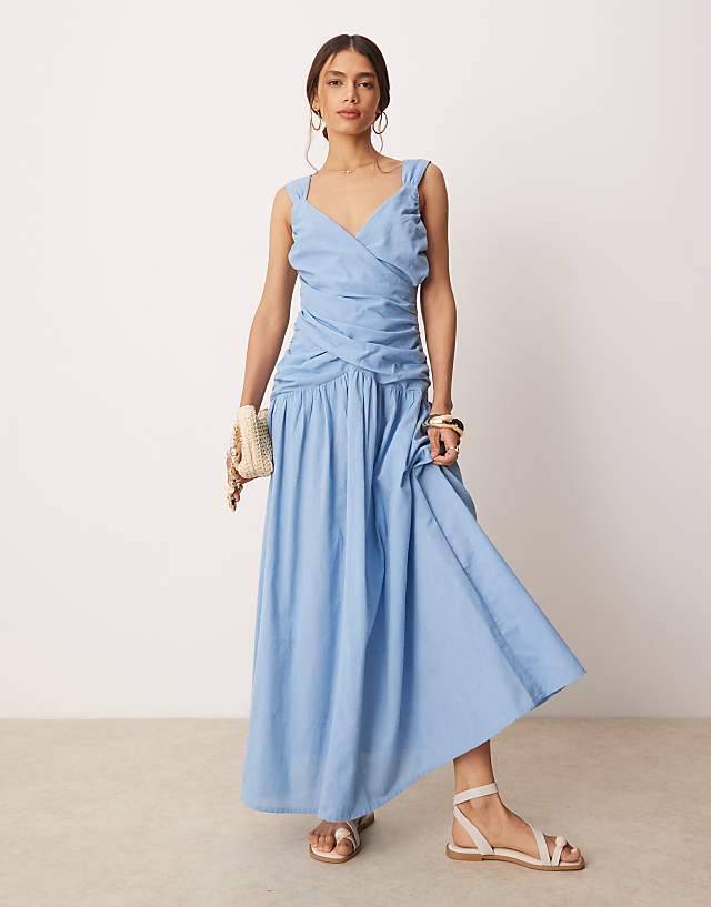 ASOS DESIGN dropped waist linen look midaxi dress with wrap bodice in sky blue