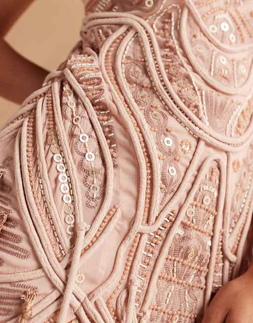 ASOS DESIGN Embellished Bandeau Mini Dress With Fringing Hem In Golden Bronze