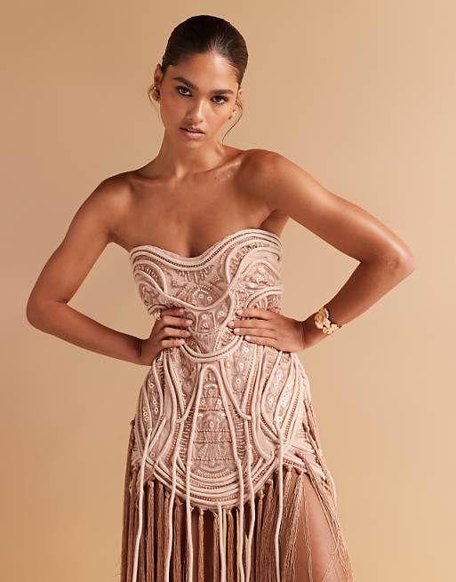 ASOS DESIGN Embellished Bandeau Mini Dress With Fringing Hem In Golden Bronze