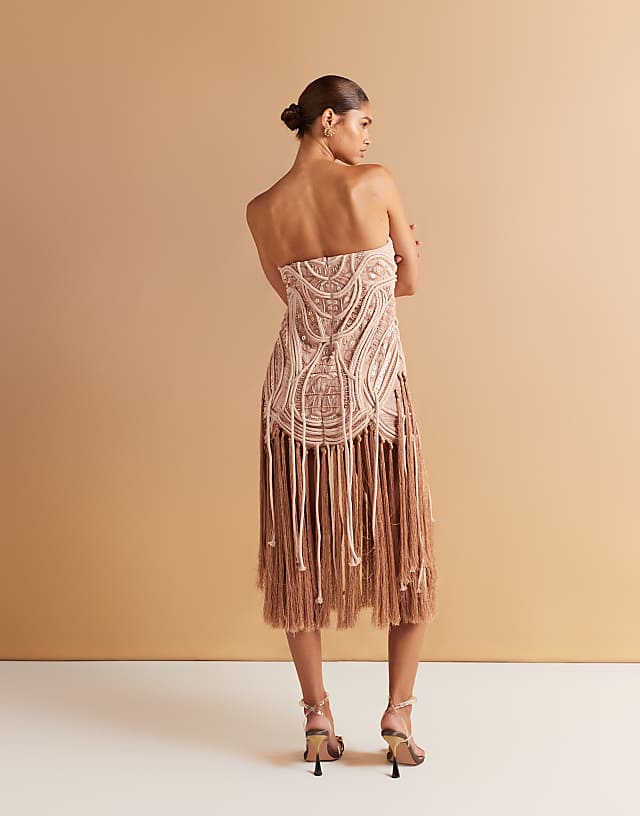 ASOS DESIGN Embellished Bandeau Mini Dress With Fringing Hem In Golden Bronze