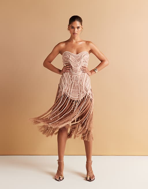 ASOS DESIGN Embellished Bandeau Mini Dress With Fringing Hem In Golden Bronze