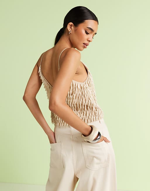 ASOS DESIGN Embellished Linen V Neck Cami In Cream