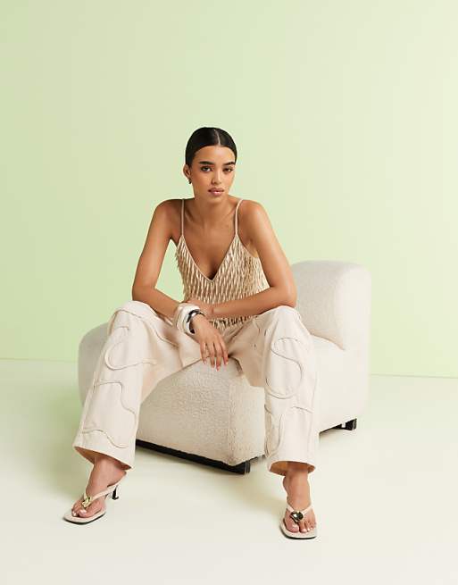 ASOS DESIGN Embellished Linen V Neck Cami In Cream