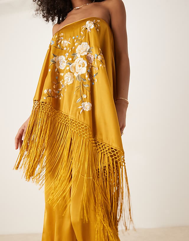 ASOS DESIGN Embroidered Fringe Overlay Satin Jumpsuit In Ochre