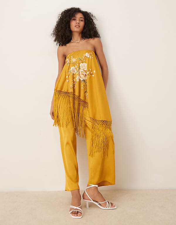 ASOS DESIGN Embroidered Fringe Overlay Satin Jumpsuit In Ochre