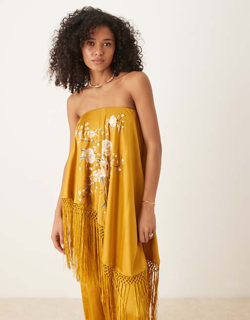 ASOS DESIGN embroidered fringe overlay satin jumpsuit in ochre