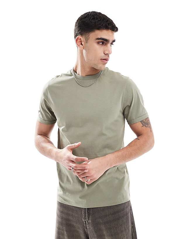 ASOS DESIGN essential crew neck t-shirt with roll sleeve in khaki