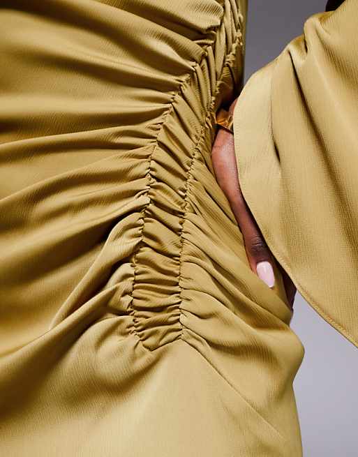 ASOS DESIGN Exaggerated Sleeve Bias Maxi Dress With Ruched Waist In Gold