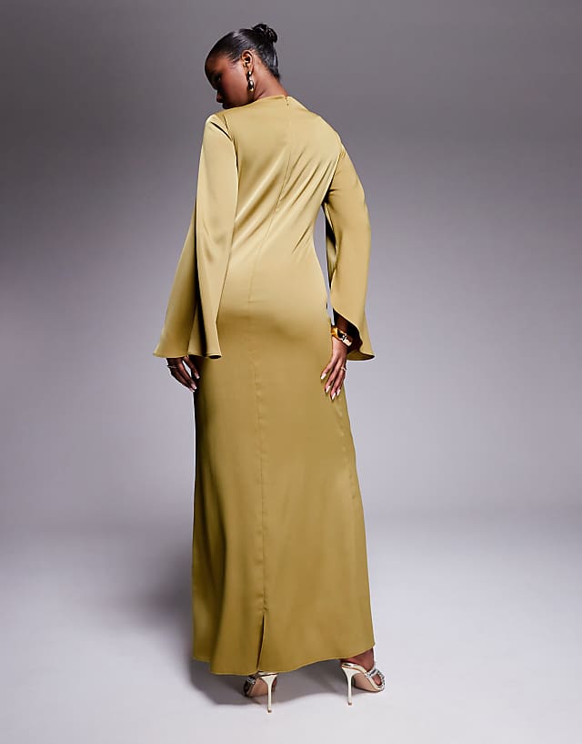 ASOS DESIGN Exaggerated Sleeve Bias Maxi Dress With Ruched Waist In Gold