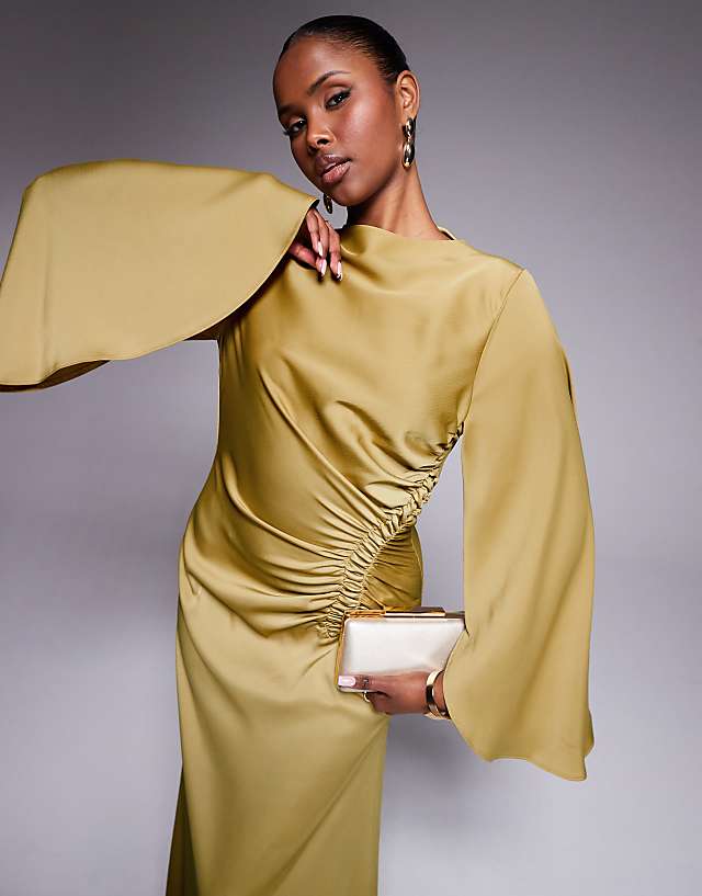 ASOS DESIGN Exaggerated Sleeve Bias Maxi Dress With Ruched Waist In Gold