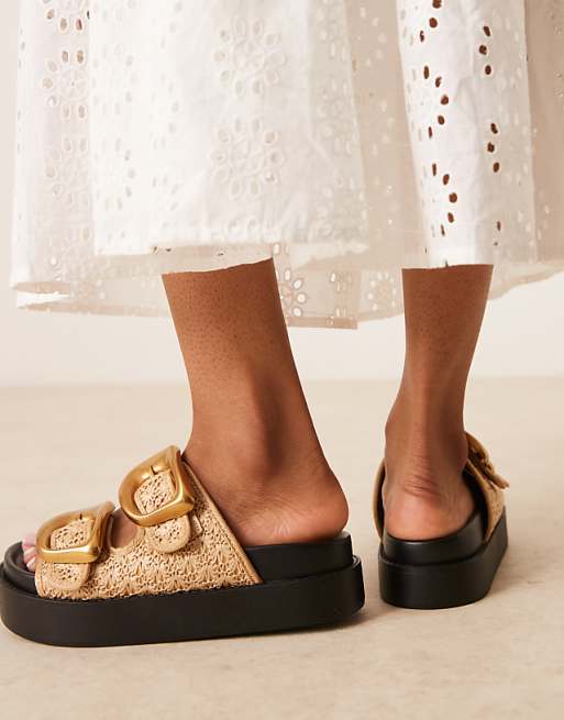 ASOS DESIGN Femi Oversized Buckle Footbed Mules In Natural