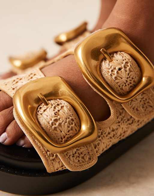 ASOS DESIGN Femi Oversized Buckle Footbed Mules In Natural