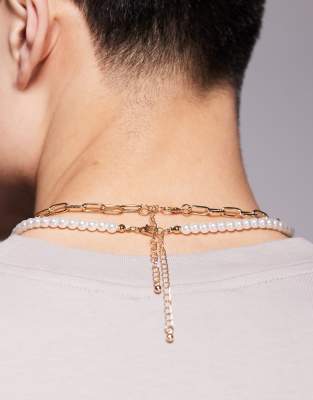 ASOS DESIGN Festival Faux Pearl And Emerald Crystals 5 Pack Necklace In Gold