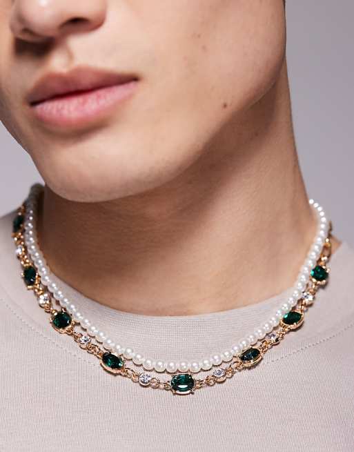 ASOS DESIGN festival faux pearl and emerald crystals 5 pack necklace in gold