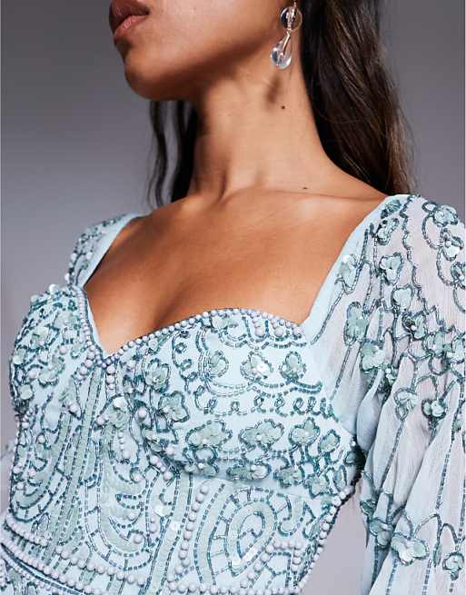 ASOS DESIGN Fluted Sleeve Maxi Dress With Placement Embellishment In Aqua Blue